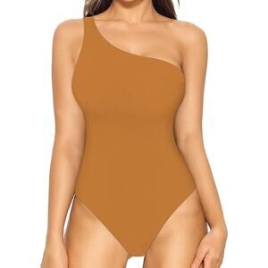 Mangopop Light‎ Brown One Shoulder Bodysuit Small
